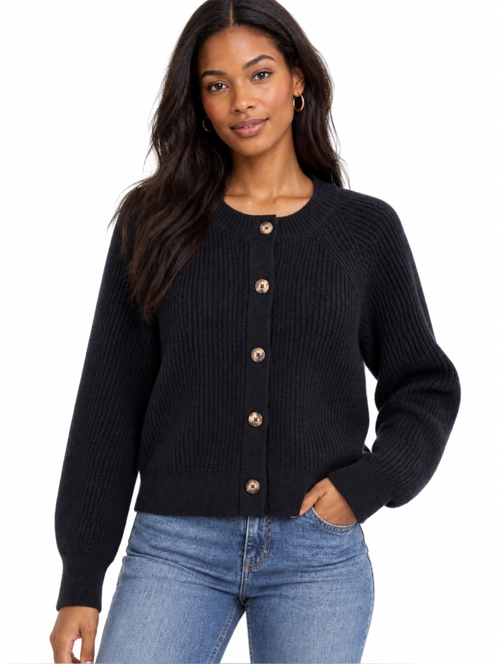 Banana Republic Black Chunky Ribbed Knit Button-Front Cardigan XL